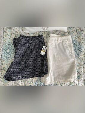 {Land 'N Sea} stretchy white shorts, sz 12 & navy patterned blue size 14 NWT